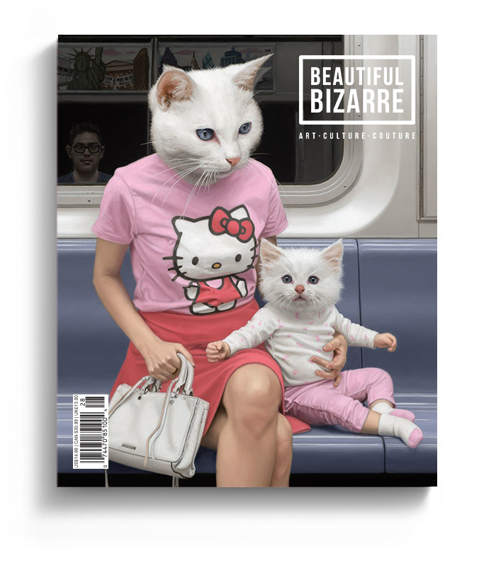 Matthew Grabelsky pop surrealism hello kitty painting on the cover of Beautiful Bizarre art Magazine